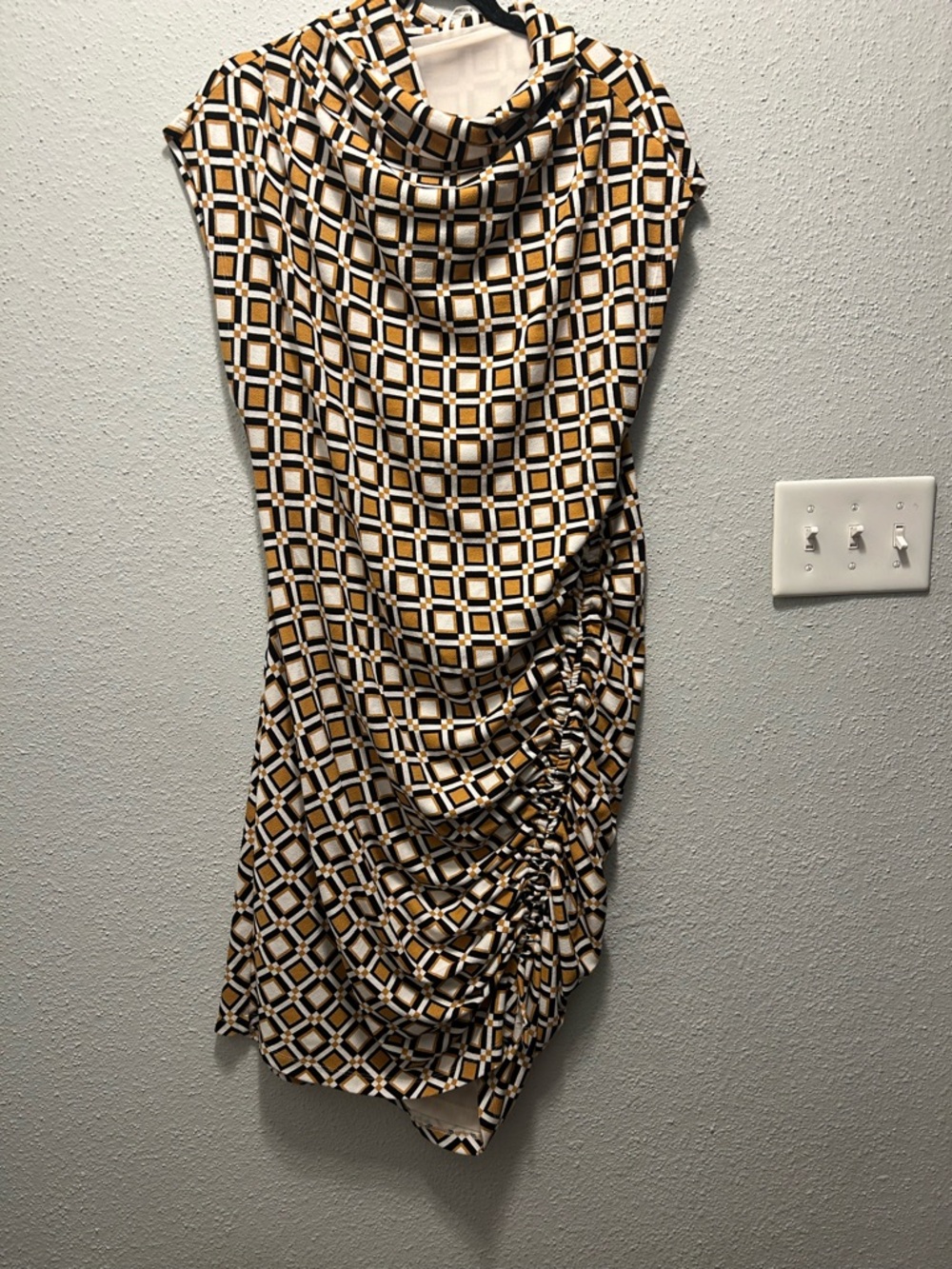 Anthropologie Geometric Cowl Midi Dress in Black, White & Gold